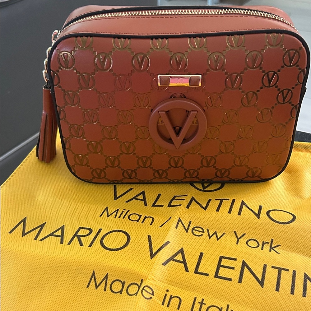 Valentino Mario Logo Monogram Camera Bag Brown Leather‎ Tassel Gold Hardware